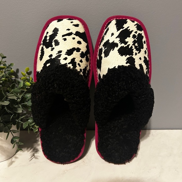 Ariat Black, White and Pink Cow Print Slippers - Picture 2 of 5